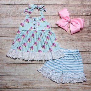 Boutique Floral Tunic Girls Shorts Outfit Set